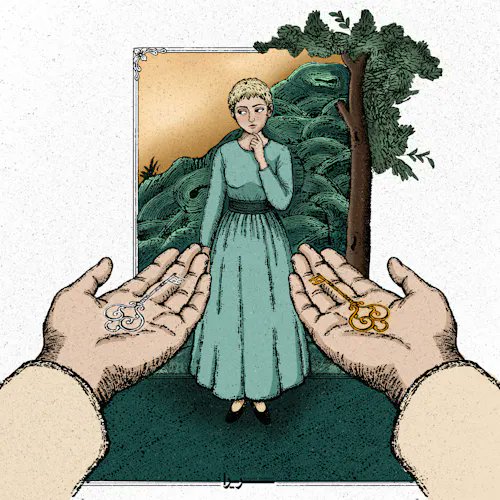An illustrated scene shows a blonde woman in a long green dress standing before a window with a tree view, as two hands in the foreground present rings engraved with the letters 'E' and 'B'.
