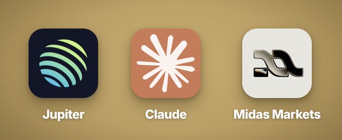 Three app icons displayed on a tan background, labeled "Jupiter," "Claude," and "Midas Markets," showcasing the trading and AI tools referenced in the post about using Jupiter's terminal for daily runners, Claude AI for collaboration, and Midas Markets as part of the user's crypto and DeFi workflow.