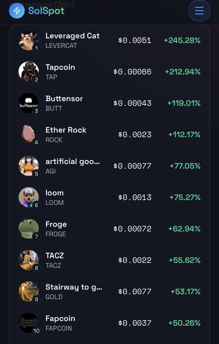 A screenshot from SolSpot displays a 24-hour trending list of memecoins, with 'Leveraged Cat' at the top showing a price of $0.0051 and a +245.28% increase.