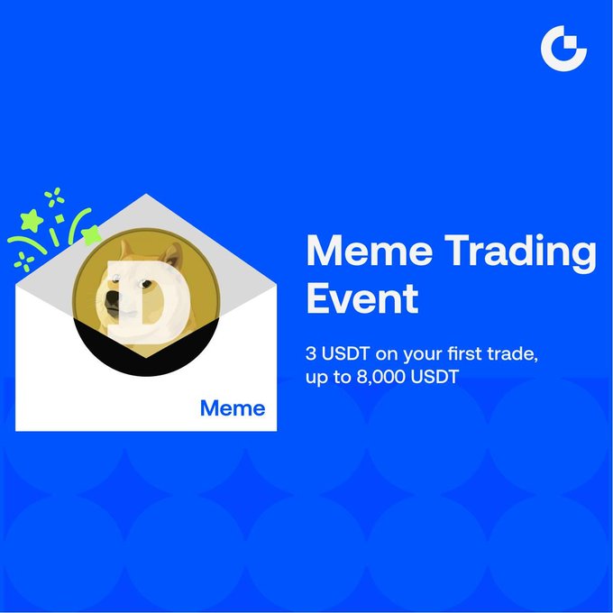 A blue promotional banner for a "Meme Trading Event" featuring the Dogecoin (DOGE) logo emerging from a white envelope, offering new users 3 USDT on their first trade and a chance to win up to 8,000 USDT in rewards. The image visually reinforces the post's message about the Meme Party campaign, highlighting the DOGE meme coin and the newbie/ranking gift structure for futures trading.