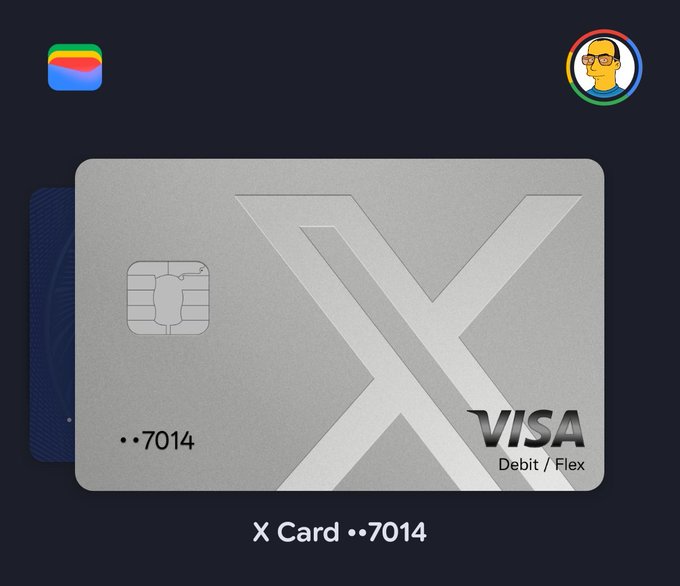 A digital wallet display showing a silver X Card Visa Debit/Flex card ending in 7014, with a blue card peeking out behind it and the Apple Card visible in the top left corner.