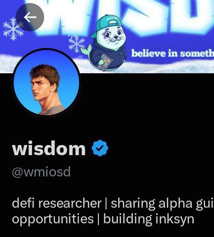 The image shows a Twitter/X profile for "wisdom" (@wmiosd), a verified self-described "defi researcher | sharing alpha gui[de] | opportunities | building inksyn," featuring a cartoon husky mascot and a profile photo. The accompanying post humorously calls out the contradiction between the bio claiming "defi researcher" status and the lack of actual DeFi content posted recently.