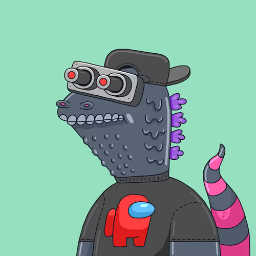 A cartoon illustration of a dark grey monster character wearing a backwards cap and goggles with an Among Us crewmate logo on its chest.
