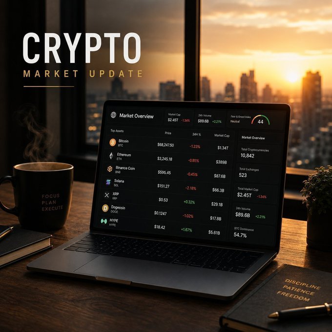 The image shows a laptop computer sitting on top of a wooden desk, displaying a market update screen filled with various cryptocurrency data. The laptop is open and positioned towards the left side of the frame. There are two books placed next to the laptop, one located in front of it and another further back on the right side of the desk. A cup can also be seen near the center of the image.