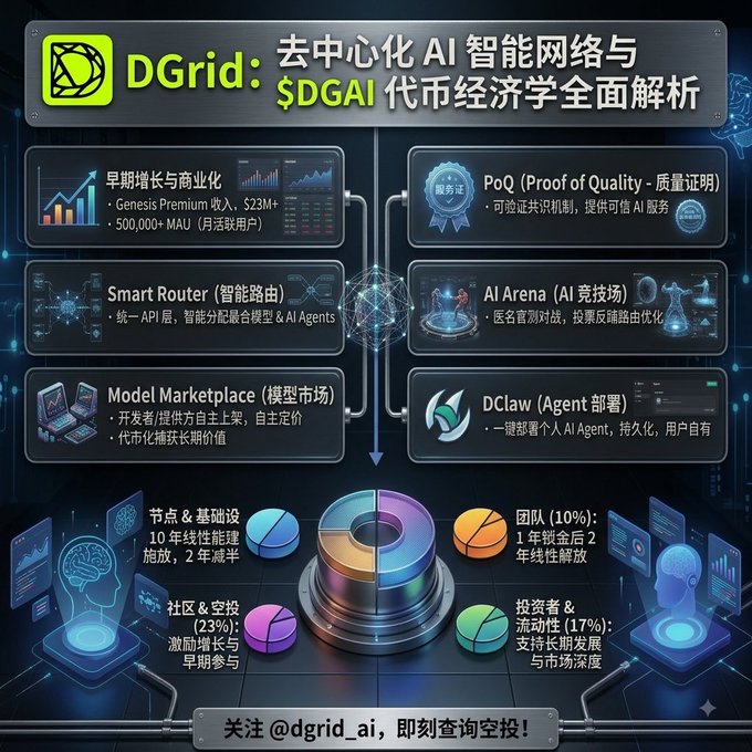 The image is an infographic titled "DGrid: 去中心化 AI 智能网络与 $DGAI 代币经济学全面解析" (DGrid: Comprehensive Analysis of Decentralized AI Network and $DGAI Token Economics), highlighting early growth metrics like $23M+ Genesis Premium revenue and 500,000+ MAU, alongside core features such as Smart Router, Model Marketplace, PoQ (Proof of Quality), AI Arena, and DClaw, with a token distribution breakdown favoring nodes/infrastructure (45%), community/airdrop (23%), team (10%), and investors (17%). It directly supports the post's claim by showcasing @dgrid_ai's real business fundamentals and announcing the release of their official airdrop checker at the bottom.