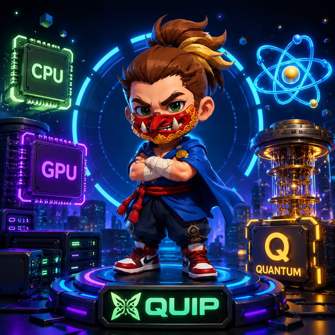 A 3D cartoon-style illustration of a young ninja character wearing a red oni mask, surrounded by glowing tech elements labeled 'CPU', 'GPU', 'Q QUANTUM', and a logo reading 'QUIP'.