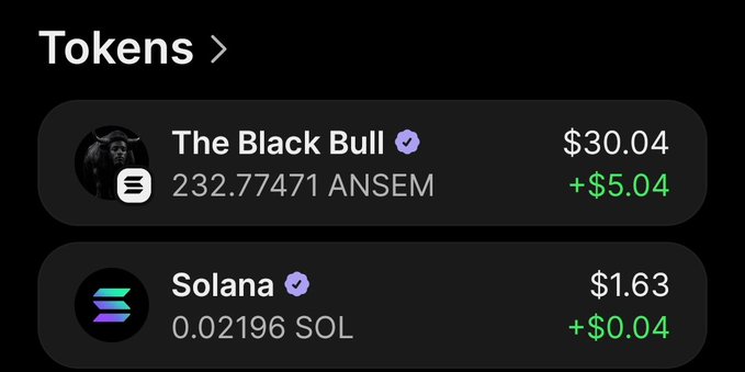 A crypto wallet interface showing 'Tokens' with 'The Black Bull' (ANSEM) at $30.04 (+$5.04) and Solana at $1.63 (+$0.04).