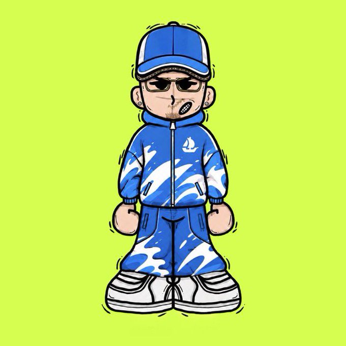 A cartoon-style character wearing a blue tracksuit with white accents, a matching cap, sunglasses, and an earring stands against a bright lime green background, serving as promotional artwork for a collaboration giveaway with @StreetBornRH offering 5 guaranteed and 20 first-come-first-served spots.