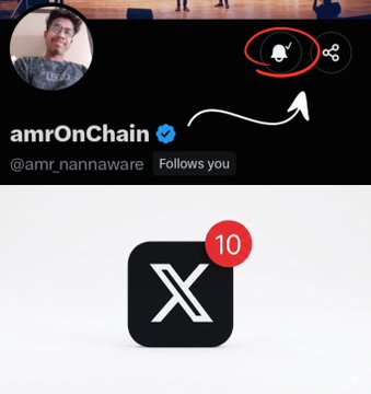 The image shows a screenshot of the X (formerly Twitter) profile of "amrOnChain" (@amr_nannaware), featuring a red circle and arrow highlighting the bell notification icon, instructing viewers to tap it to receive alerts. Below the profile info is the X app logo with a red "10" badge, likely indicating new notifications, which ties into the post's call to turn on post alerts for important Pi Network updates.
