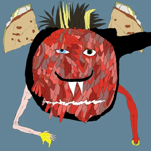 A digital illustration of a bizarre, cartoonish creature with a strawberry-like red body, a single big eye and one small eye, fangs, thin limbs, and SpongeBob-like sponge pieces attached to its ears.