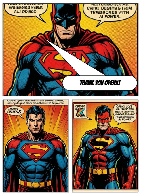 A comic book style image featuring Superman/Batman characters with speech bubbles containing garbled text, alongside a caption reading 'THANK YOU OPENX!' and mentions of 'Openx goes all over the webz world, saving begins from trenches with AI power.'