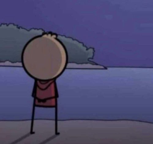 A minimalist cartoon illustration of a stick figure with a large round head wearing a red backpack, standing at night looking out at a body of water with a tree-lined shore.