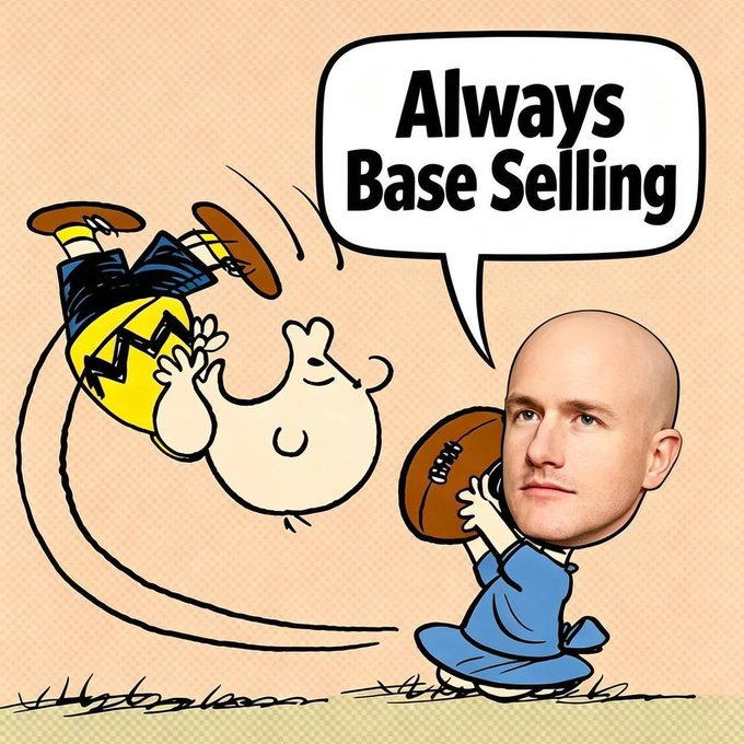 A cartoon character holds a football with a speech bubble reading "Always Base Selling," paired with a real man's head photo on the right also holding a football, matching the post's message of sadness about selling their $BASE holdings.