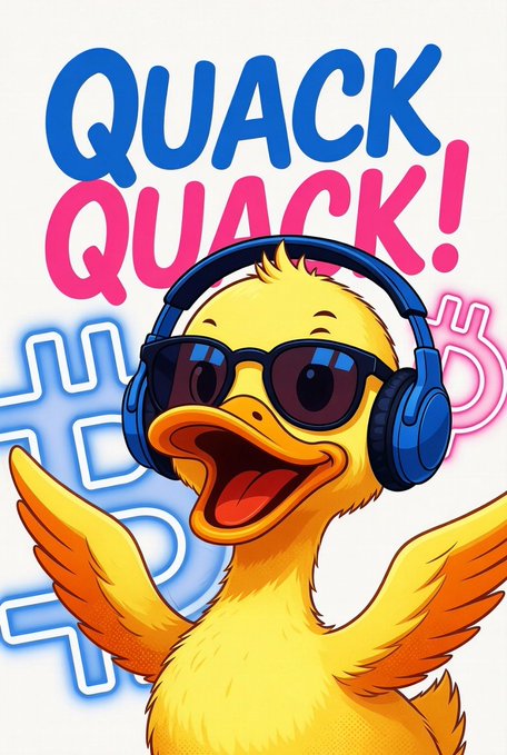 The image features a cartoon duck wearing sunglasses, headphones, and a blue shirt with the words "quack quack!" written above its head. The duck appears to be smiling and waving at the camera while standing next to a neon sign that says "5 Bitcoins". The background of the image is white, which contrasts nicely with the vibrant colors of the duck's attire and the neon sign.

The post seems to be promoting an event or gathering related to cryptocurrency, as indicated by the presence of the 5 Bitcoins neon sign. The overall atmosphere appears to be lighthearted and fun, with the cartoon duck being a central figure in the image.