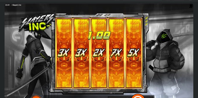 A screenshot of a slot machine game called 'Slayers Inc.' featuring anime-style characters and reels showing multipliers of 3X, 3X, 2X, 7X, and 5X, with a total win of 1.00.