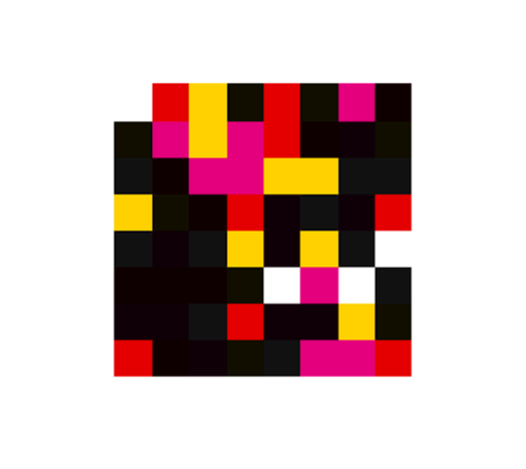 A pixelated square artwork composed of various colored blocks including red, yellow, pink, black, and white.