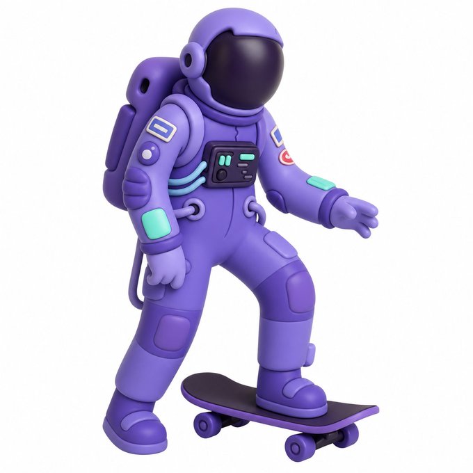 A purple astronaut figurine rides a skateboard while wearing a space suit with a dark visor and various patches, appearing as a 3D rendered Doodles-style character that MoonPay is requesting as a custom toy for their NYC office. The whimsical space explorer design captures the playful, collectible aesthetic typical of Doodles NFT characters.