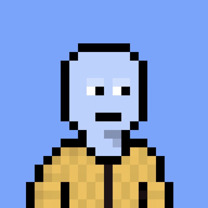 A pixel art portrait of a blue-skinned character with a small mustache wearing a yellow checkered jacket, against a blue background.
