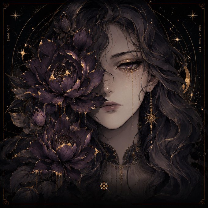 A stylized digital artwork of a woman with dark flowing hair, one eye covered by large dark purple flowers, adorned with gold celestial motifs and text reading '1000 YOI' and '1/1 ONE OF ONE'.