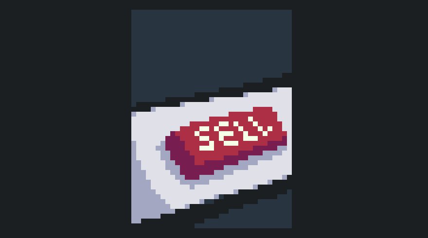 The image features a red button with white text that reads "Sell". It appears to be a digital art piece or a pixelated illustration, possibly created using a computer program like Photoshop. The background of the image is black, which contrasts with the red button and makes it stand out more prominently. The caption below the image provides context about the button's purpose, suggesting that it might be related to an advertisement or promotional material for a product or service.