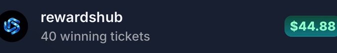 A simple banner or notification showing a logo, the text 'rewardshub', '40 winning tickets', and an amount of '$44.88'.