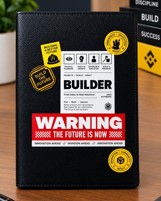 A black notebook features stickers and a central label reading 'BUILDER - From Ideas to Real Solutions,' with a bold red 'WARNING - THE FUTURE IS NOW' banner.