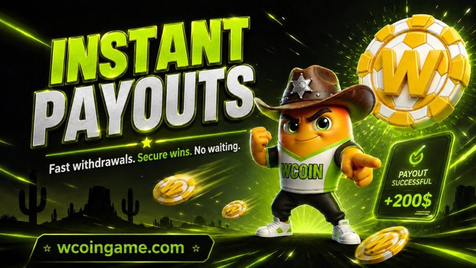 An advertisement for 'Instant Payouts' featuring a cartoon mascot in a cowboy hat promoting wcoingame.com with text reading 'Fast withdrawals. Secure wins. No waiting.' and a '$200' payout notification.