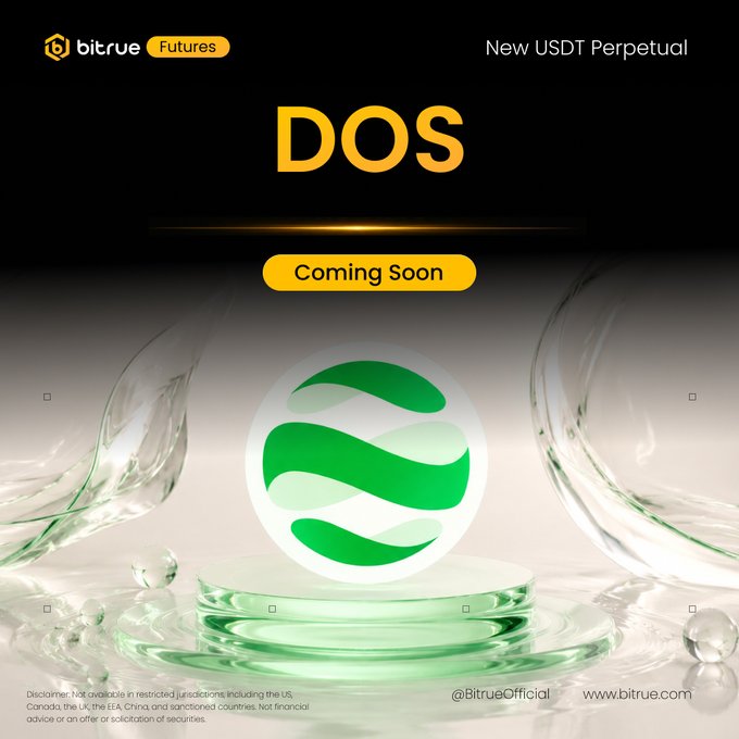 Bitrue Futures promotional graphic announcing the upcoming launch of the DOSUSDT perpetual futures contract, featuring Bitrue's logo, the "DOS" ticker prominently displayed in yellow, a green DOS token logo on a glass pedestal, and a "Coming Soon" banner.