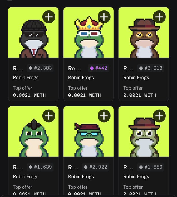 A screenshot showing six Robin Frogs NFT listings on a marketplace, each with a top offer of 0.0021 WETH.