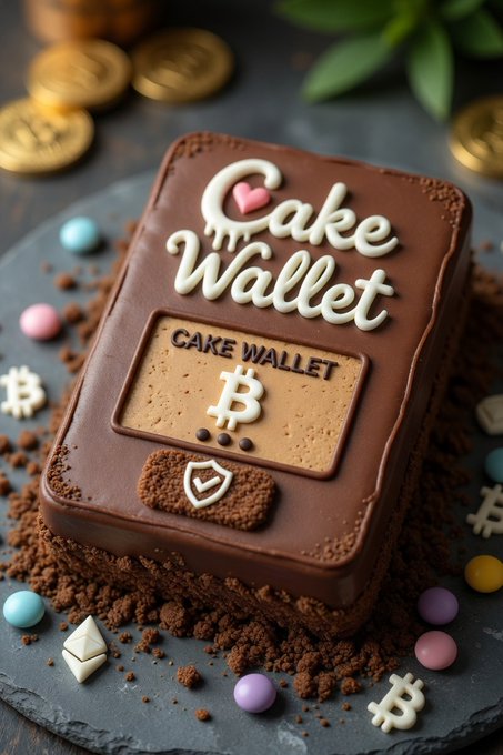 A chocolate cake decorated with white icing reading 'Cake Wallet' and 'CAKE WALLET', shaped like a hardware cryptocurrency wallet, surrounded by colorful candies and gold coins.