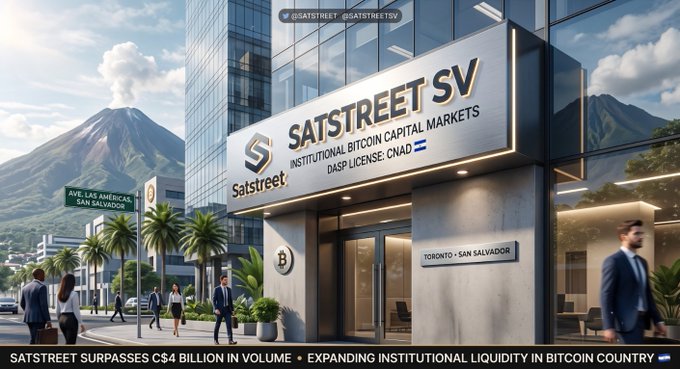 A sleek, modern "SATSTREET SV" office building in San Salvador, El Salvador, displays signage reading "INSTITUTIONAL BITCOIN CAPITAL MARKETS" and "DSP LICENSE: CNAD," with a bottom banner announcing "SATSTREET SURPASSES C$4 BILLION IN VOLUME • EXPANDING INSTITUTIONAL LIQUIDITY IN BITCOIN COUNTRY," visually reinforcing the company's milestone of hitting over C$4B in lifetime trading volume and securing key regulatory approval in El Salvador.
