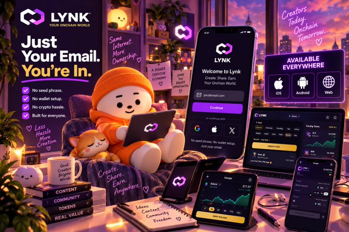 A promotional graphic for 'LYNK - YOUR ONCHAIN WORLD' featuring a cute character in an orange beanie using a laptop, with the tagline 'Just Your Email. You're In.' and showing the app on iOS, Android, Web, tablet, and watch.