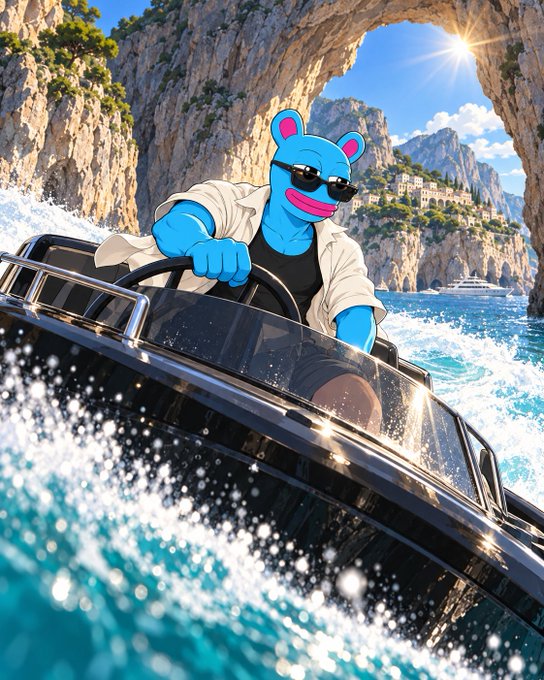 A blue cartoon bear character wearing sunglasses and a beige jacket driving a speedboat through turquoise water near rocky coastal cliffs with buildings in the background.