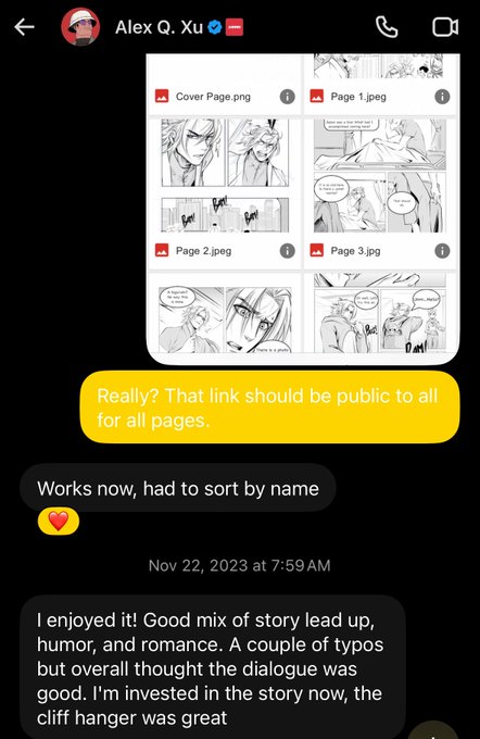 A direct message conversation on Twitter with Alex Q. Xu (a verified user) showing several manga pages titled "Cover Page.png," "Page 1.jpeg," "Page 2.jpeg," and "Page 3.jpg" being shared. The messages discuss receiving feedback on the manga, with the user mentioning they enjoyed the story's mix of "story lead up, humor, and romance" with positive reactions like "Really? That link should be public to all for all pages" and "Works now, had to sort by name" dated November 22, 2023. The image illustrates the context of receiving support and feedback on a manga creation from an industry contact, complementing the narrative about pursuing manga creation.
