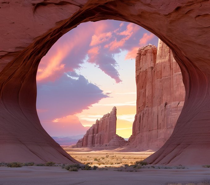 Scenic photograph of towering red rock formations viewed through a large natural rock archway, with a colorful pink and orange sunset sky in the background.