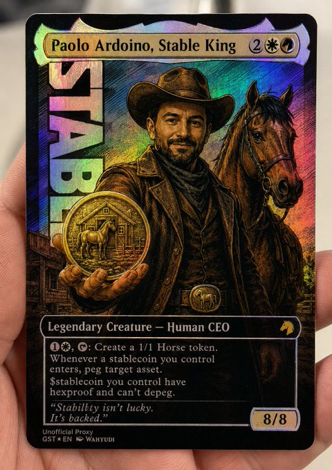 A custom Magic: The Gathering trading card featuring 'Paolo Ardoino, Stable King', depicted as a cowboy holding a stablecoin, with text describing his ability to create 1/1 Horse tokens.