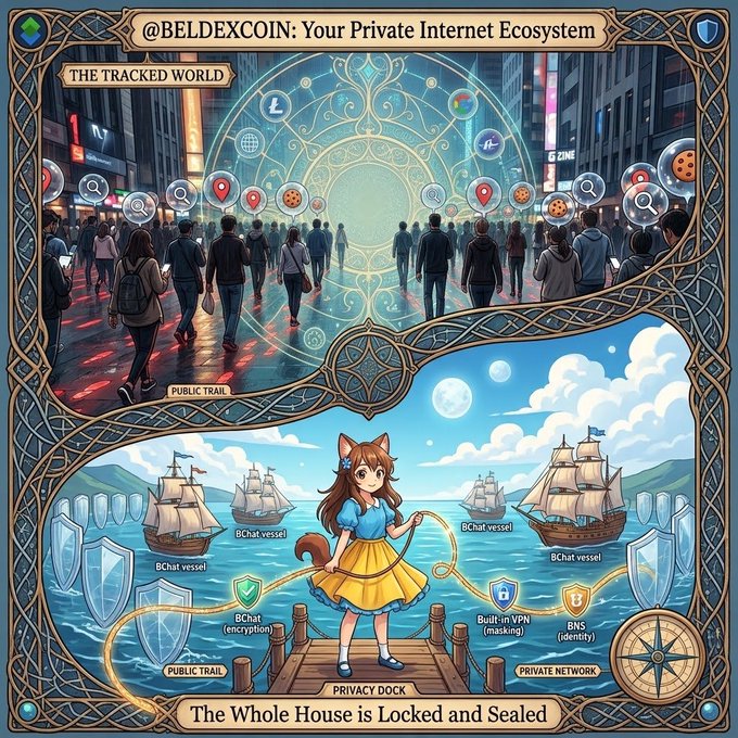 A promotional graphic for '@BELDEXCOIN: Your Private Internet Ecosystem', contrasting 'THE TRACKED WORLD' with a private, encrypted ecosystem featuring an anime-style cat girl at a 'PRIVACY DOCK'.