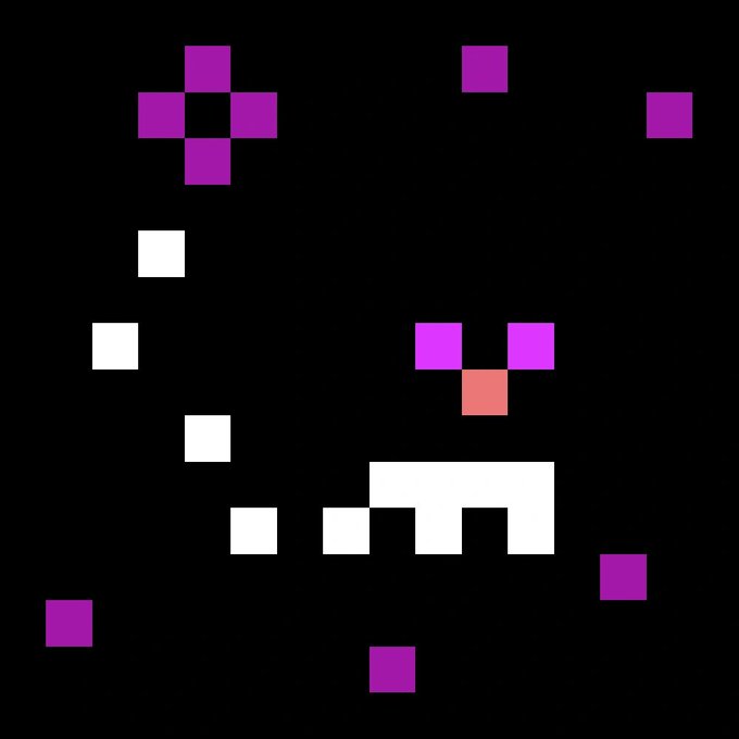 A minimalist pixel art piece on a black background featuring scattered purple squares, a diamond-like cluster, and abstract white and pink shapes.