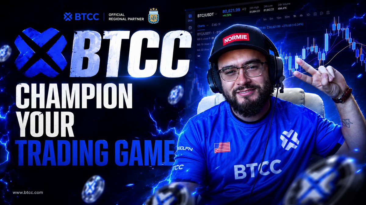 The image shows a man wearing glasses sitting at a desk with computer equipment around him. He has a blue shirt on, a red hat, and appears to be playing a game involving betting on bitcoin trading using a computer or smartphone device. The background of the image is black, but there are several coins visible in the scene that can be considered as the "coins" part of the post. The man seems engaged and excited about his crypto trading experience.