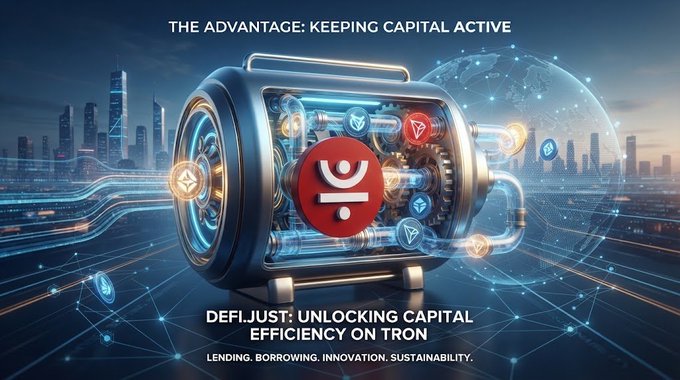 A promotional graphic for a DeFi platform with text reading 'THE ADVANTAGE: KEEPING CAPITAL ACTIVE,' 'DeFiJust: UNLOCKING CAPITAL EFFICIENCY ON TRON,' and 'LENDING. BORROWING. INNOVATION. SUSTAINABILITY.'