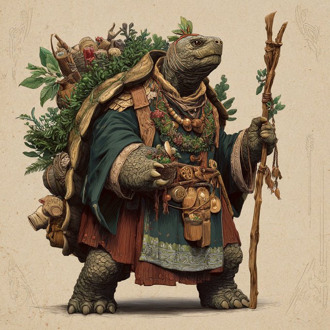 A detailed character illustration of an anthropomorphic turtle/tortoise dressed as a traveler or druid, wearing layered robes and carrying a large shell loaded with plants and supplies while holding a wooden staff.