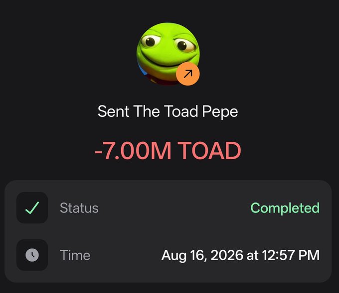 A transaction confirmation screenshot showing the successful transfer of "-7.00M TOAD" (titled "Sent The Toad Pepe") marked as Completed on Aug 16, 2026 at 12:57 PM, visually verifying the post's announcement that @mdudas sent 7M $TOAD tokens to the CTO team.