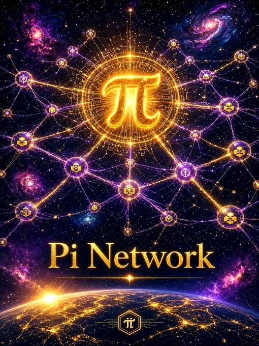 A cosmic, futuristic graphic features a glowing golden Pi (π) symbol at its center, surrounded by an intricate network of interconnected nodes, galaxies, and constellation-like webs in deep purple and blue hues. Below the emblem, the text "Pi Network" is prominently displayed in gold lettering, with a smaller Pi logo beneath it and a stylized illuminated Earth curving along the bottom—visually reinforcing the post's message about Pi Network's progress toward its Mainnet and Protocol 28 upgrade.