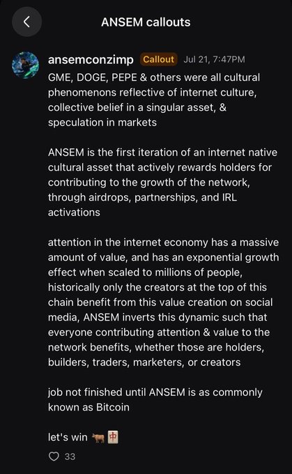 A Twitter/X post from 'ansemconzmp' labeled as a 'Callout' from Jul 21 discusses GME, DOGE, PEPE as cultural phenomena and promotes ANSEM as an 'internet native cultural asset' comparing its ambitions to Bitcoin.