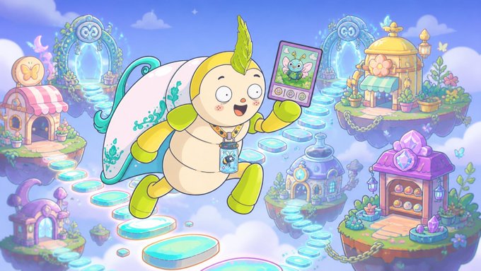 A colorful cartoon illustration of a chubby green and cream-colored creature with a leaf on its head, holding a trading card and wearing an ID badge, floating among whimsical floating islands with shops and magical portals.