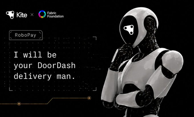 A promotional graphic featuring a white humanoid robot alongside text reading 'Kite x Fabric Foundation', 'RoboPay', and 'I will be your DoorDash delivery man.'