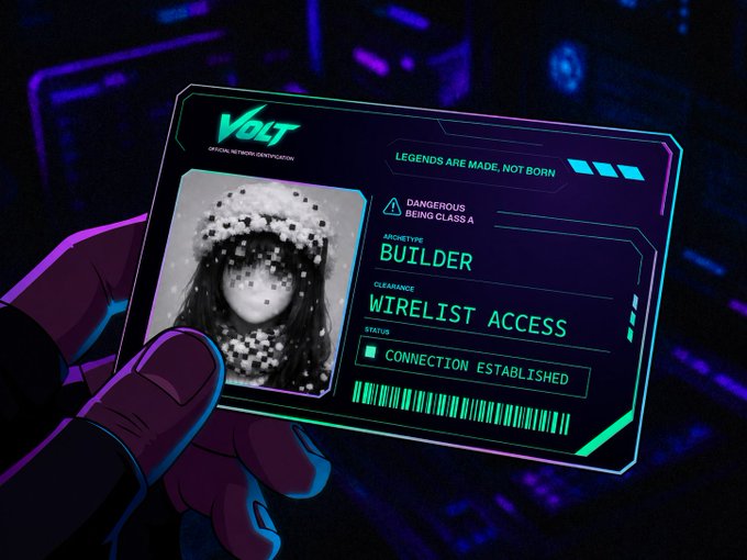A digital cyberpunk-style ID card labeled 'VOLT' with the tagline 'LEGENDS ARE MADE, NOT BORN,' held by a gloved hand; the card displays a pixelated avatar and a green 'CONNECTION ESTABLISHED' status granting 'WIRELIST ACCESS.'