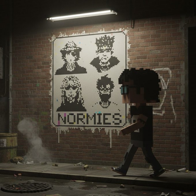3D rendered scene of a blocky character walking past a brick wall featuring pixel-art graffiti labeled 'NORMIES' showing four stylized character portraits.