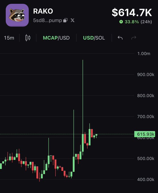 A 15-minute candlestick chart for the $RAKO token (5sd8bKraewJNHFg72scxxYXNeLCASVct1gxqi3Xipump) shows a market cap of $614.7K with a 33.8% 24-hour gain, featuring a sharp wick approaching $1M before pulling back to the current $615.93K level.