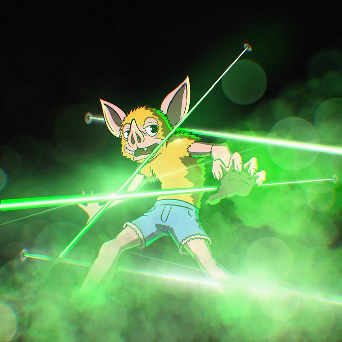 A digital illustration of an anthropomorphic bat character in blue shorts surrounded by intersecting green laser beams against a dark background.